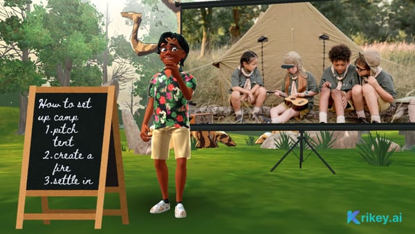 Animated character standing in campgrounds to demonstrate AI explainer video