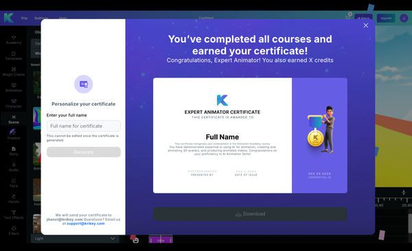 Earn an animation certificate by taking 3D Animation courses with Krikey AI 