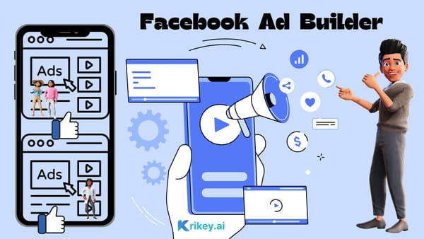 Animated character standing next to ads and icons created with the Facebook Ad Builder